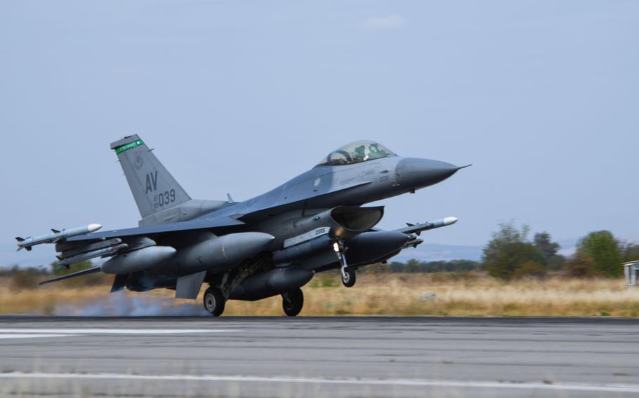 A U.S. Air Force F-16 Fighting Falcon assigned to the 555th Fighter Squadron, Aviano Air Base, Italy, lands on Graf Ignatievo Air Base, Bulgaria, during exercise Thracian Viper 20, Sept. 18, 2020.