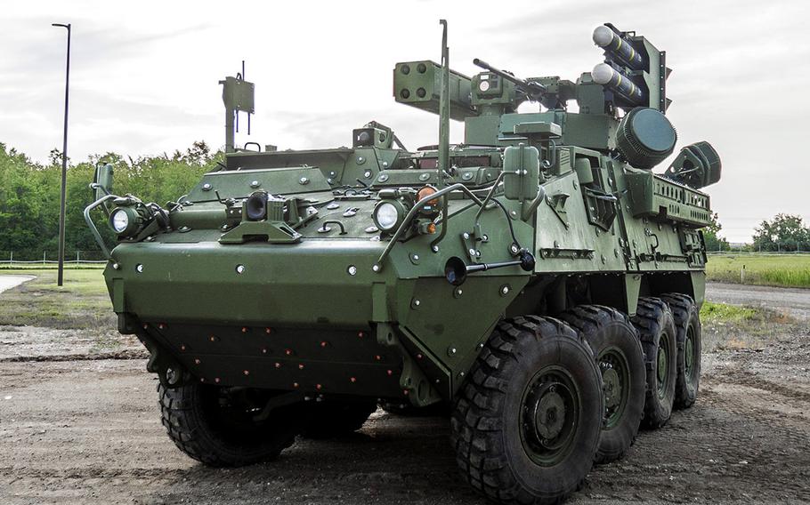 A Stryker A1 Interim Maneuver Short-Range Air Defense system vehicle armed with Hellfire and Stinger missiles and a 30mm cannon. General Dynamics was awarded a $1.2 billion contract on Sept. 30, 2020, to develop an air defense system mounted on a Stryker A1 platform for the Army.