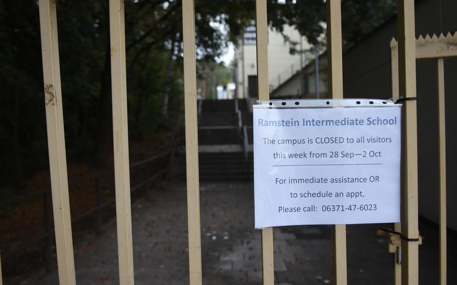 The gate to the campus of Ramstein Intermediate School on Ramstein Air Base, Germany, was closed on Thursday, Oct. 1, 2020. School officials announced this week that the school will remain closed until Oct. 14 due to quarantine requirements resulting from five positive coronavirus cases associated with the school. The school was supposed to reopen Monday after closing Sept. 25.