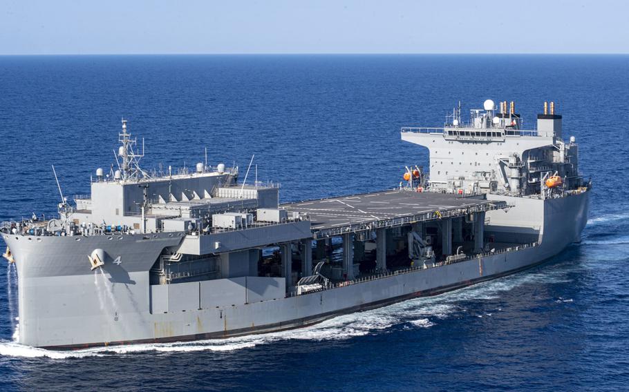 The expeditionary sea base USS Hershel "Woody" Williams navigates the Mediterranean Sea, Aug. 20, 2020. The Navy announced on Oct. 2, 2020, that the ship will be home-ported at Souda Bay in Greece.