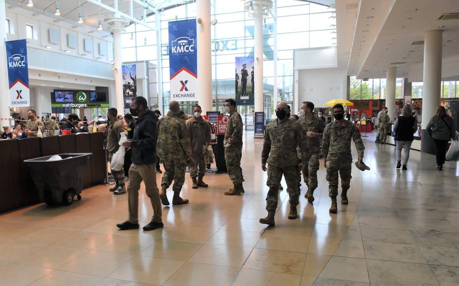 U.S. military personnel visit the Kaiserslautern Military Community Center at lunchtime on Tuesday, Oct. 6, 2020, at Ramstein Air Base, Germany. Tens of thousands of military personnel and their families live and work in Germany, but if they test positive for the coronavirus, they are not counted in official case numbers in several German communities.