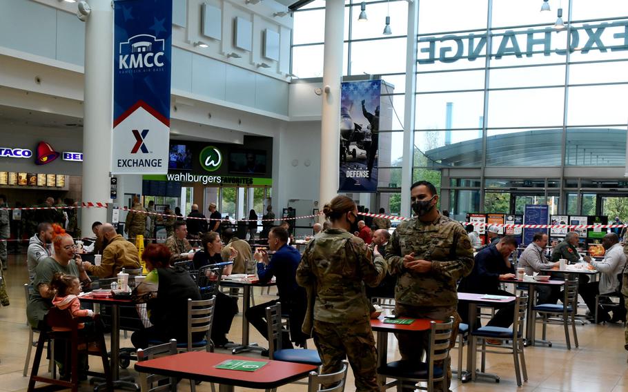 U.S. military personnel visit the Kaiserslautern Military Community Center at lunchtime on Tuesday, Oct. 6, 2020, at Ramstein Air Base, Germany. Tens of thousands of military personnel and their families live and work in Germany, but if they test positive for the coronavirus, they are not counted in official case numbers in several German communities.