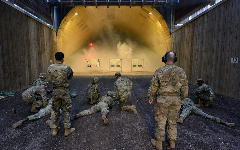 U.S. soldiers participate in an exercise at the Panzer Range Complex in Boeblingen, Germany, April 16, 2019. The Army will move forward with a nearly $2 million project to soundproof the suburban Stuttgart firing range, despite plans to leave the area.