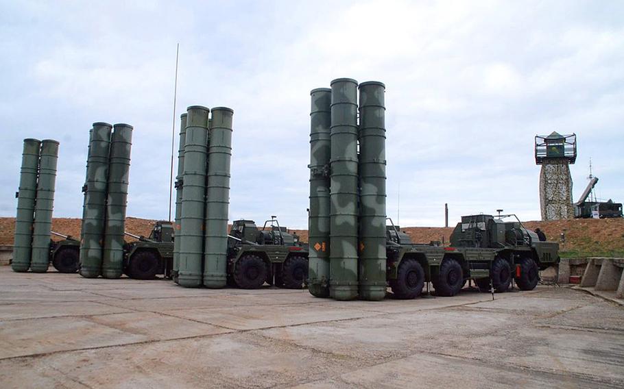 Russian S-400 surface-to-air missile launchers in Sevastopol in 2018. Two U.S. senators are demanding sanctions be imposed on Turkey after reports said Turkey has activated its S-400 system and used it to track a Greek F-16 in August.