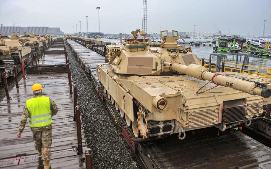 Tanks from 1st Armored Brigade Combat Team, 1st Cavalry Division are loaded onto train cars at the port of Antwerp, Belgium, in 2018 to be transported to Poland for Atlantic Resolve. Soldiers with the Fort Hood, Texas-based tank brigade are back in Europe for Atlantic Resolve, U.S. Army Europe said in a statement Oct. 28. 2020.