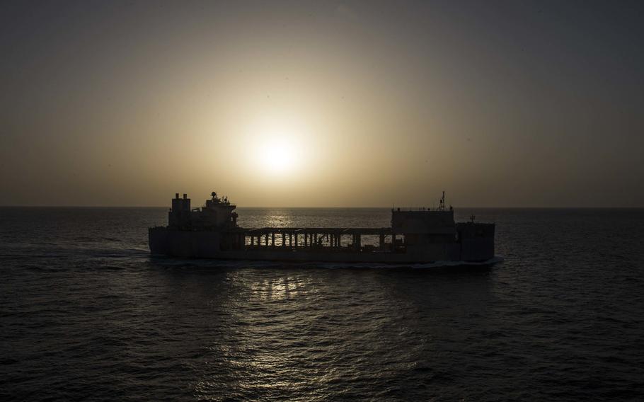 The USS Hershel "Woody" Williams sails in the Atlantic Ocean, Oct. 17, 2020. The ship arrived in Greece Nov. 1, marking its first stop in the country since the Navy announced Souda Bay will serve as the new home for the expeditionary sea base.