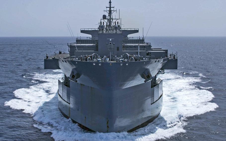 The Expeditionary Sea Base USS Hershel ''Woody'' Williams sails in the Atlantic Ocean, Oct. 17, 2020. Hershel "Woody" Williams is on its inaugural deployment in the U.S. Naval Forces Europe-Africa area of responsibility in support of maritime missions and special operations.