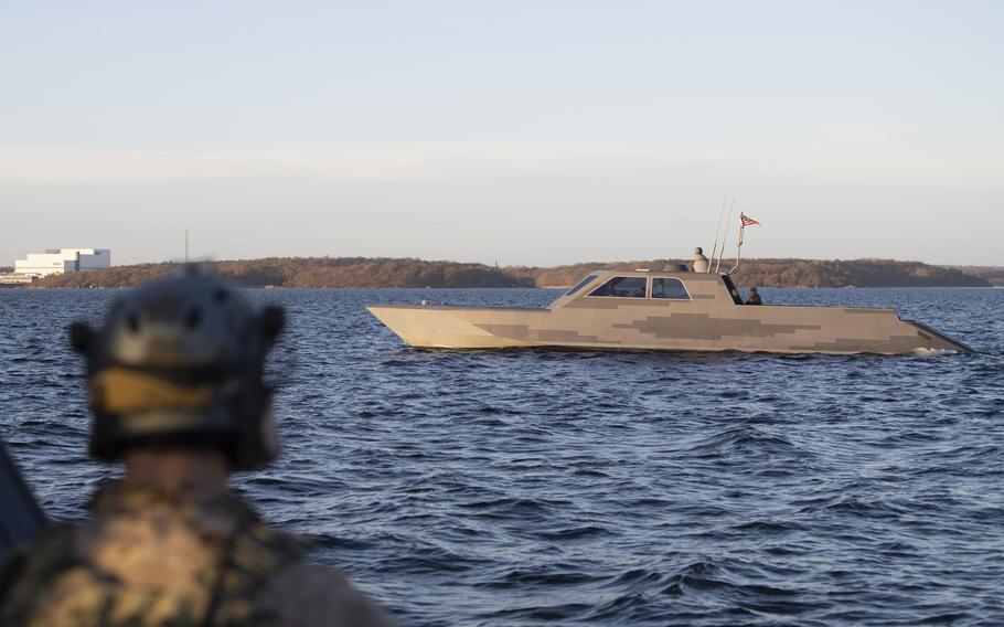 U.S. Navy special warfare combatant-craft crewmen navigate a Combatant Craft Medium through the Baltic Sea near Karlskrona, Sweden, during a bilateral exercise with conventional and special operations forces on Nov. 6, 2020.