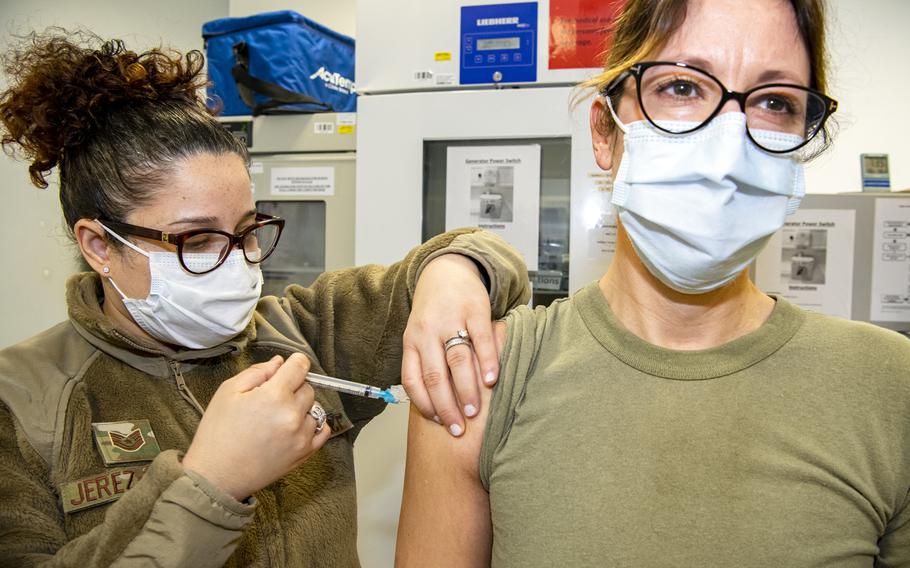 Lt. Col. Elizabeth Hoettels, 423rd Medical Squadron commander, receives the Moderna COVID-19 vaccine at RAF Alconbury, England, Dec. 28, 2020. The U.S. military’s campaign to vaccinate personnel in Europe against the coronavirus gathered steam this week as health care workers on the front lines of fighting COVID-19 were inoculated at bases in Germany and the United Kingdom.
