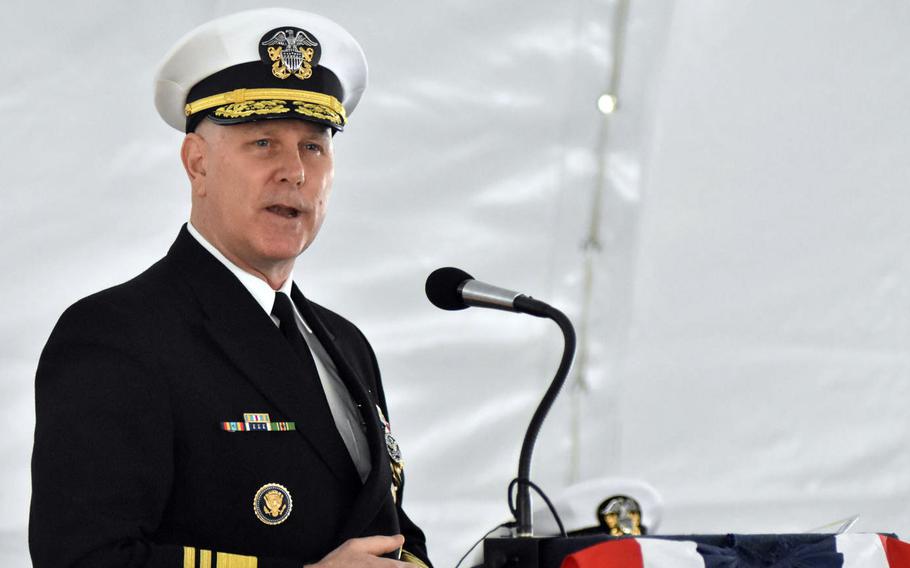 Adm. Christopher Grady speaks during the change of command ceremony in 2018. 
