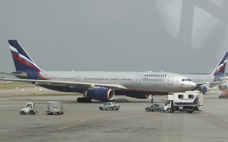 The Airbus A330 aircraft used for an Aeroflot international flight is prepared at Sheremetyevo airport in Moscow, on June 27, 2013.