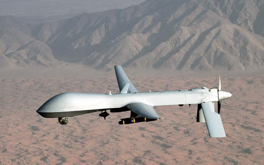 An unmanned aerial vehicle (UAV) or drone operated by the U.S. military.