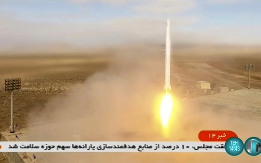 This image taken from video footage aired by Iranian state television on Tuesday, March 8, 2022, shows the launch of a rocket by Iran’s Revolutionary Guard carrying a Noor-2 satellite in northeastern Shahroud Desert, Iran. Iran launched the reconnaissance satellite just as world powers awaited Tehran’s decision in negotiations over the country’s tattered nuclear deal. 