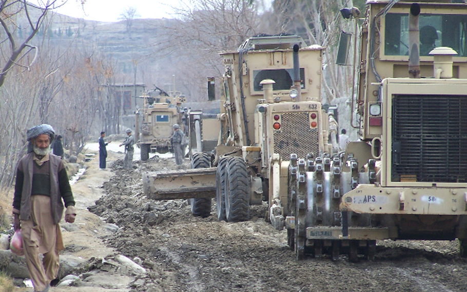 Engineers attached to 1st Brigade Combat Team, Task Force Bastogne, in cooperation with the Government of the Islamic Republic of Afghanistan and Afghan National Security Forces, began the process of rebuilding damaged roads in the Khogyani and Sherzad districts of Nangarhar province, in early February.