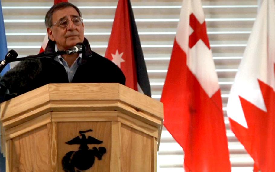 Secretary of Defense Leon Panetta speaks to about 200 servicemembers at Camp Leatherneck, Afghanistan, on March 14, 2012.