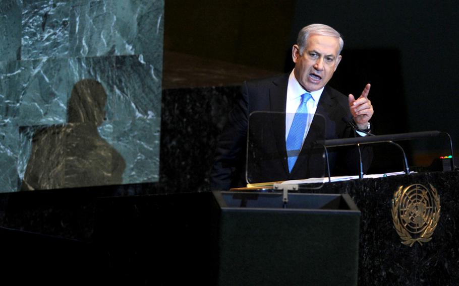 In this file photo, Prime Minister of Israel Benjamin Netanyahu speaks before the General Assembly of the United Nations in New York City, on Sept. 23, 2011. 

