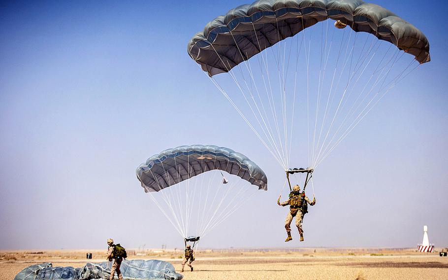 Marines with the 26th Expeditionary Unit descend to their landing zone on King Faisal Air Base in Jordan, June 12, 2013. The exercise was a part of Eager Lion, which involved 5,000 American servicemembers, and took place while civil war raged next door in Syria.