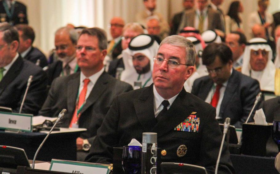 Vice Adm. John Miller, commander of U.S. 5th Fleet, is in attendance Dec. 7, 2013, for Defense Secretary Chuck Hagel's speech at the Manama Dialogue, an annual security conference in Bahrain. Hagel said in the speech that $580 million in construction upgrades were under way to support 5th Fleet, based in Bahrain.