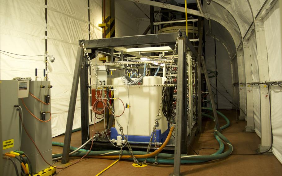 One of two Field Deployable Hydrolysis System aboard the Cape Ray docked at the NASSCO-Earl Shipyard in Portsmouth, Va., January 2, 2014.  The systems are designed to render chemical warfare material into compounds not usable as weapons.