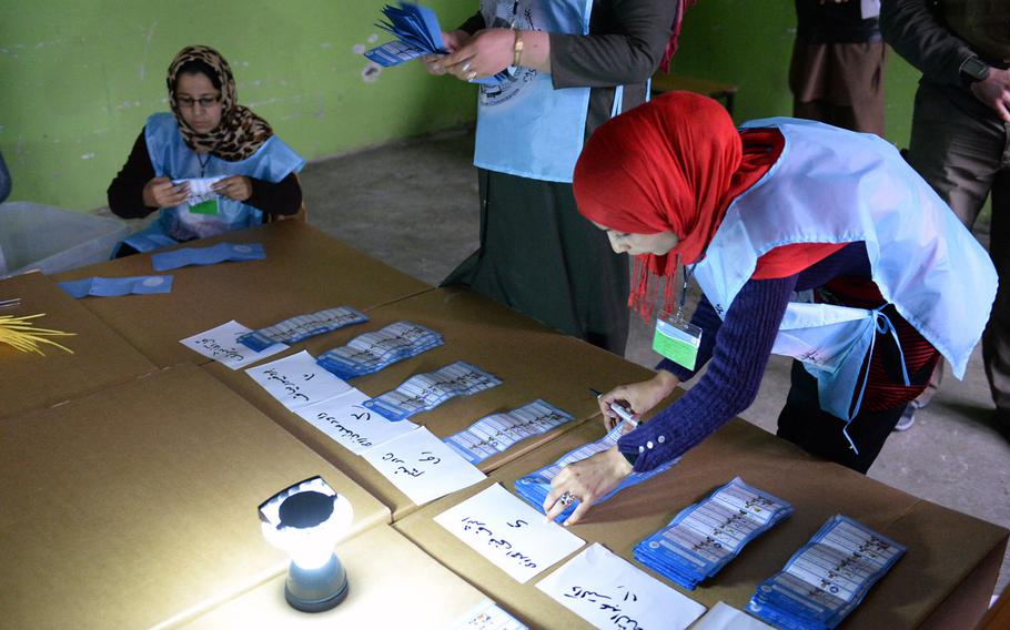 Afghan election workers count presidential ballots cast at a high school in central Kabul after the polls closed on Saturday, April 5, 2014. Eight candidates were vying to replace current President Hamid Karzai in what will be the first democratic transfer of power in Afghanistan's history.