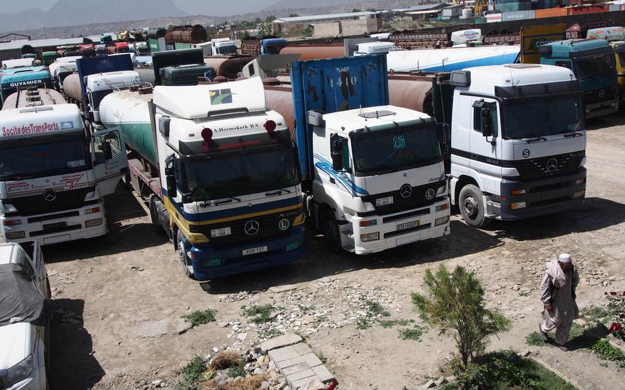 The truck depot at Hewadwal Mayar, a logistics company in Kabul. Hewadwal Mayar officials say inadequate security from government escorts has led to an increase in attacks against its convoys and major financial losses. 