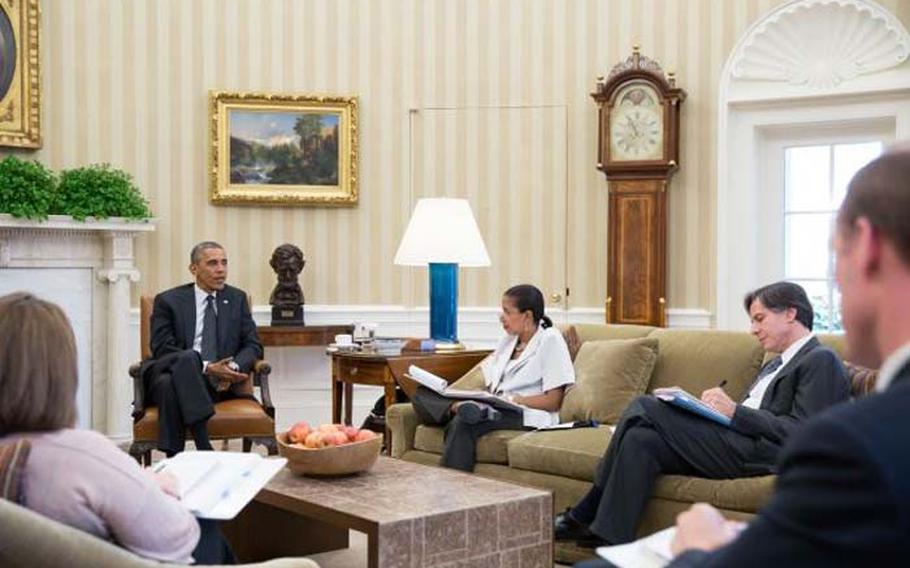 President Barack Obama meets with his national security team in the Oval Office, Aug. 8, 2014. Clockwise from Obama's left are National Security Adviser Susan E. Rice; Tony Blinken, Deputy National Security Adviser; Jake Sullivan, National Security Adviser to the Vice President; and Lisa Monaco, Assistant to the President for Homeland Security.