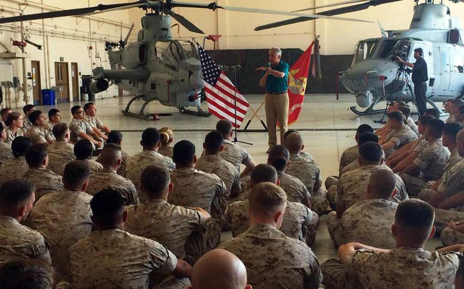 Defense Secretary Chuck Hagel addresses troops Tuesday, Aug. 12, 2014, at Camp Pendleton, Calif. He called the additional 130 troops sent to Iraq 'assessors' and said the deployment was 'not a combat boots-on-the-ground kind of operation.'