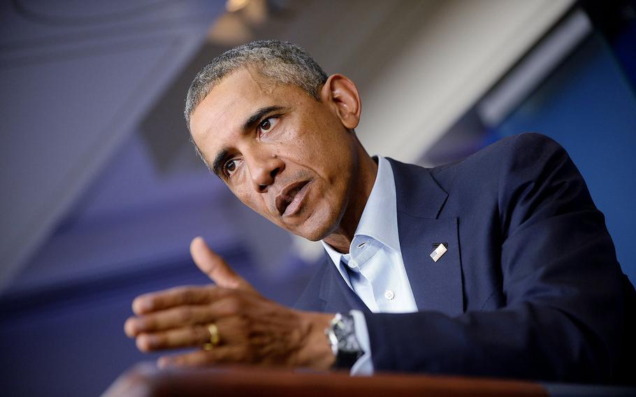 U.S. President Barack Obama delivers a statement to provide an update on Iraq and the situation in Ferguson, Mo., in the Brady Press Briefing Room of the White House on Monday, Aug. 18, 2014, in Washington, D.C.