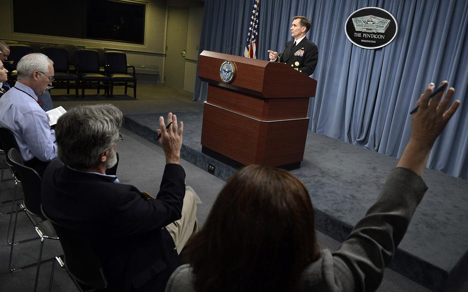 Pentagon Press Secretary Rear Adm. John Kirby speaks to reporters at a briefing last month. As the military has increased its efforts to combat the Islamic State group, the Pentagon has shifted its emphasis in news releases away from Afghanistan.