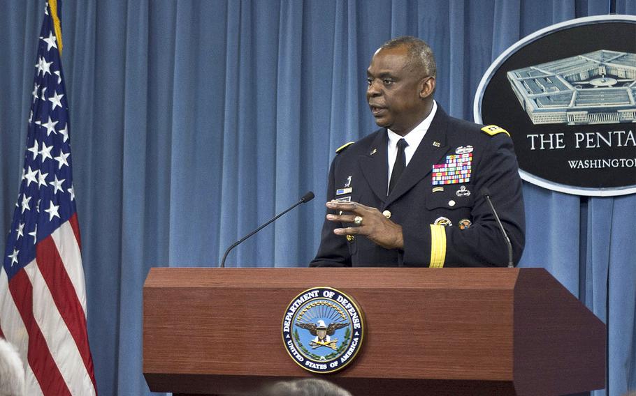 U.S. Central Command commander Gen. Lloyd J. Austin III talks about the command's role in defeating the Islamic State militants during a media briefing at the Pentagon in Washington D.C., on Friday, Oct. 17, 2014. 