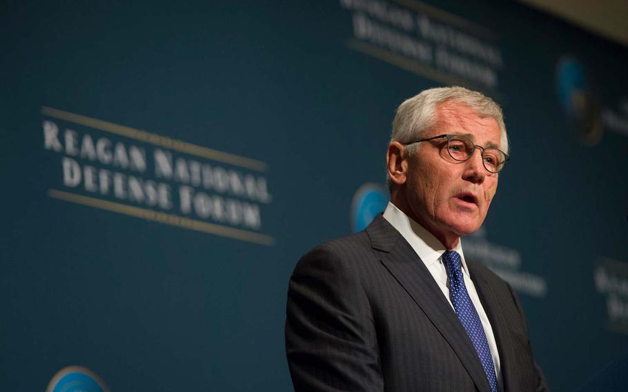 Defense Secretary Chuck Hagel delivers remarks during the Reagan National Defense Forum at The Ronald Reagan Presidential Library in Simi Valley, Calif., on Saturday, Nov. 15, 2014, amid a 5-day trip across the United States.