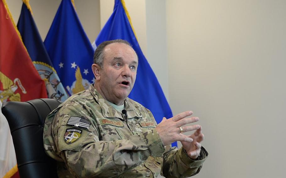 Gen. Philip Breedlove, Supreme Allied Commander-Europe, discusses the role of U.S. forces in follow-on NATO mission in Afghanistan, during an interview at Bagram Air Field on Jan. 8, 2014. 