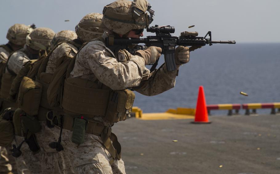 Marines from the 24th Marine Expeditionary Unit participate in a live-fire exercise aboard the amphibious assault ship USS Iwo Jima on Jan. 18, 2015. The Iwo Jima and the USS Fort McHenry have moved into the Red Sea for possible evacuation of U.S. Embassy workers from the Yemen capital of Sanaa.

