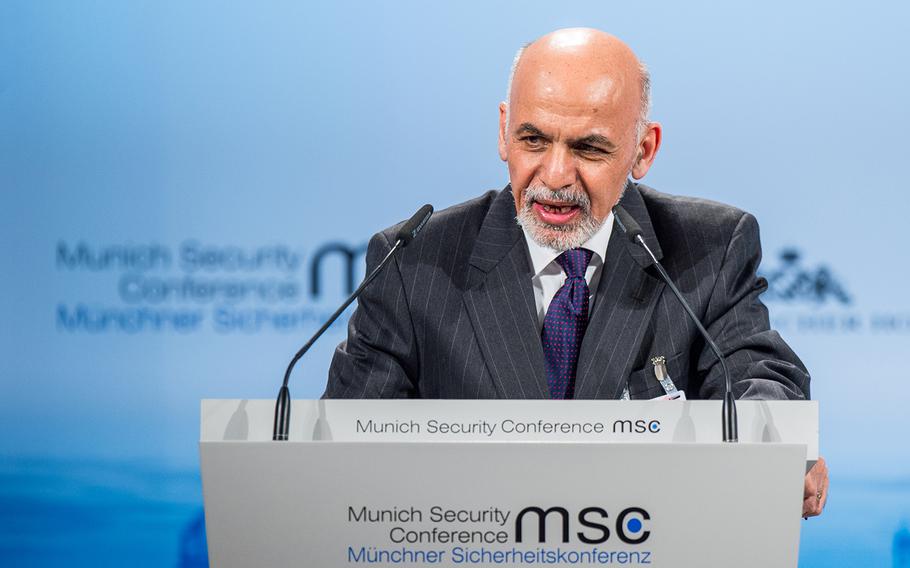 President Ashraf Ghani gives closing remarks at the Munich Security Conference, February 8, 2015. 
 