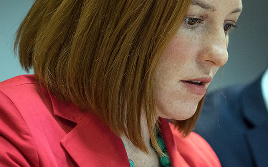 State Department spokeswoman Jen Psaki answers questions in Washington, D.C., on April 21, 2014. Psaki said in a statement on Thursday, Feb. 19, 2015, that the United States and the Taliban were not in direct negotiations.
