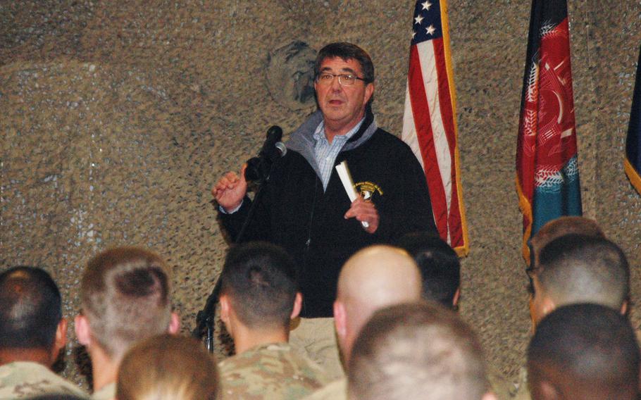 Secretary of Defense Ashton Carter talks to U.S. troops and Kandahar Air Field in Afghanistan on Feb. 22, 2015.


