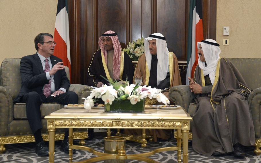 Secretary of Defense Ash Carter meets with the Amir of Kuwait Sabah Al-Ahmad Al-Jaber Al-Sabah in Kuwait City, Kuwait Feb. 23, 2015.