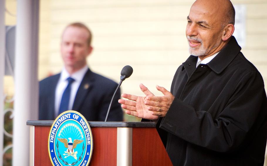 Afghan President Ashraf Ghani delivers remarks in the Pentagon center courtyard March 23, 2015. Defense Secretary Ash Carter hosted Ghani and Afghan Chief Executive Abdullah Abdullah for a visit.