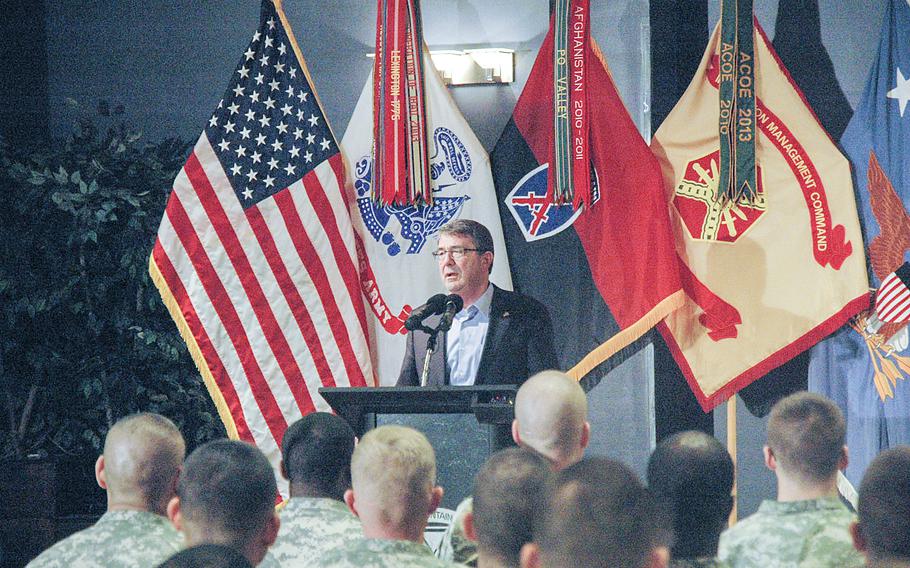 Secretary of Defense Ash Carter speaks to soldiers from the Army’s 10th Mountain Division at Fort Drum, N.Y., on Mar. 30, 2015.