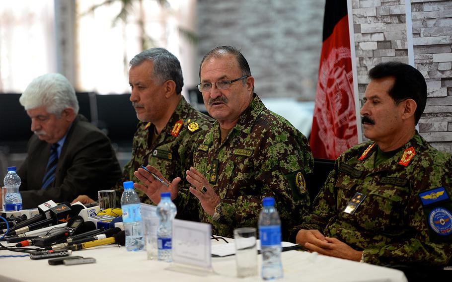 Speaking Saturday, June 13, 2015, in Kabul, Afghanistan, on security operations around the country are, from left, acting Deputy Chief of Supply Brig. Gen. Mohammad Nabi Ahmadzai; Maj. Gen. Mohammad Afzal Aman, chief of the Afghan Defense Ministry's command center; and Army Chief of Air Force Affairs Lt. Gen. Mohammad Dawran.