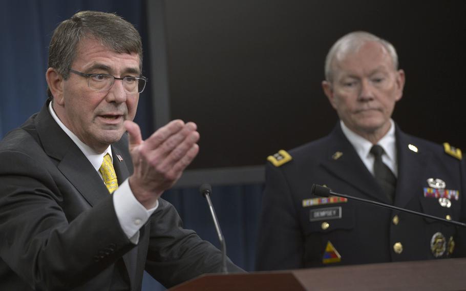 Secretary of Defense Ash Carter and Chairman of the Joint Chiefs of Staff Gen. Martin E. Dempsey hold a press conference in the Pentagon Briefing Room May 7, 2015.