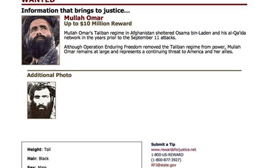 In this undated image released by the FBI, Mullah Omar is seen in a wanted poster.