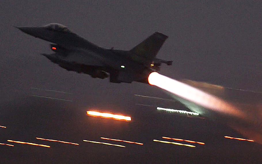 An F-16 Fighting Falcon takes off from Incirlik Air Base, Turkey, in support of Operation Inherent Resolve Aug. 12, 2015.