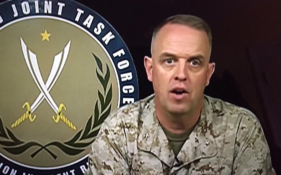 A video screen grab shows Marine Corps Brig. Gen. Kevin J. Killea, chief of staff of Combined Joint Task Force-Operation Inherent Resolve, as seen during an Aug. 21, 2015, video teleconference at the Pentagon where he spoke of operations against Islamic State militants. During a  Friday, Sept. 4, 2015, video teleconference at the Pentagon, Killea reported progress against IS in northern Iraq, but acknowledged slow going around Ramadi.