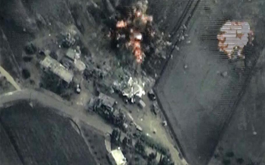 A screen grab shows an explosion in Syria on Sept. 30, 2015, as Russia launched pinpoint air strikes against eight Islamic State targets in Syria. 