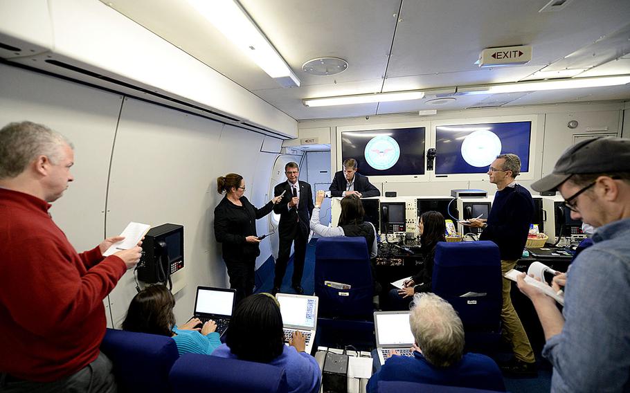 Secretary of Defense Ash Carter holds a press conference during his five-day trip to Europe to attend the NATO Defense Ministerial Conference in Brussels and to meet with counterparts in Spain, Italy and the United Kingdom on Oct. 4, 2015. 