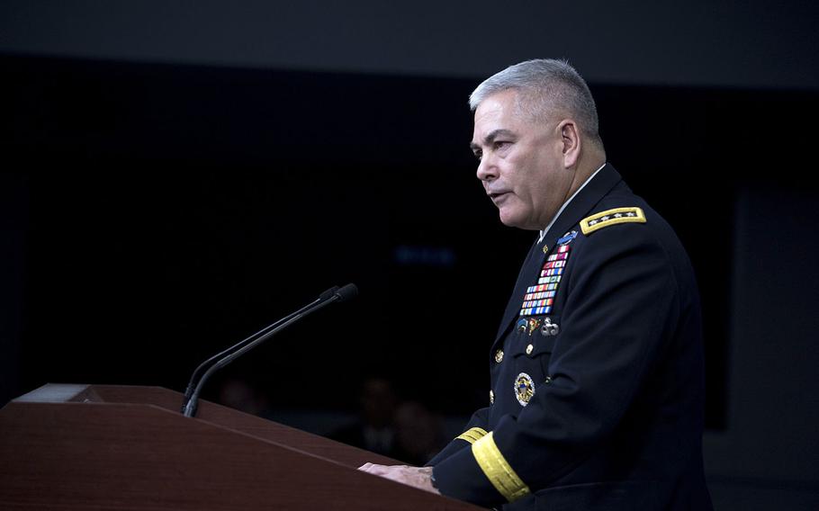 Army Gen. John F. Campbell, commander of U.S. forces in Afghanistan, conducts a press briefing at the Pentagon Oct. 5, 2015.