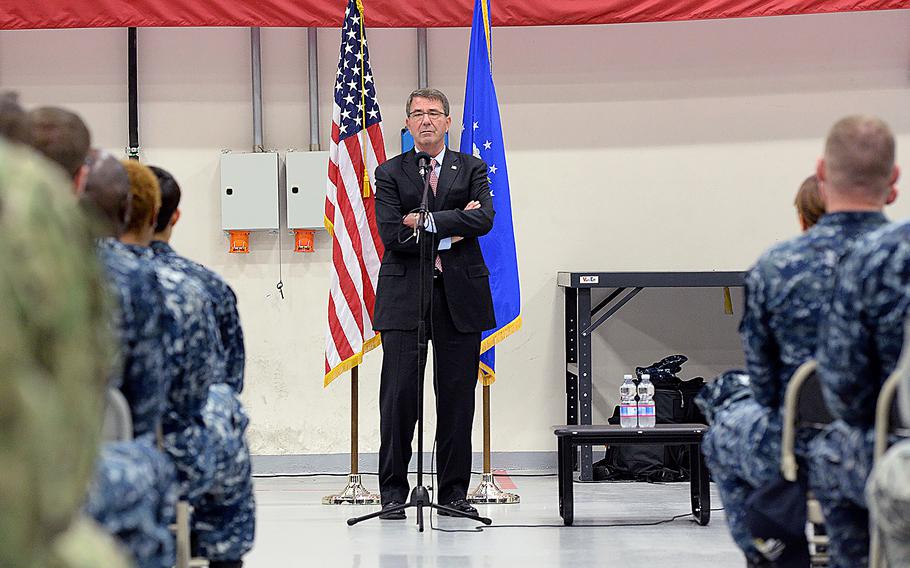 Defense Secretary Ash Carter speaks with troops during a troop event in Sigonella, Italy, on Tuesday Oct. 6, 2015.