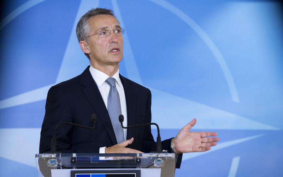 NATO Secretary General Jens Stoltenberg at the start of the meetings of NATO Defence Ministers at NATO headquarters in Brussels, Thursday, Oct. 2015.