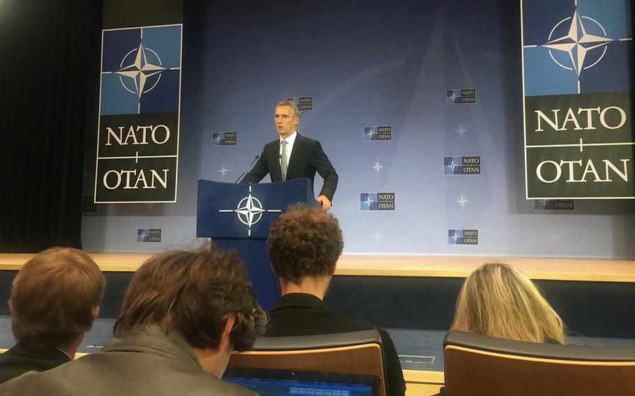 NATO Secretary General Jens Stoltenberg takes reporter questions in Brussels after the morning session of NATO's defense ministerial Thursday, Oct. 8, 2015. 

